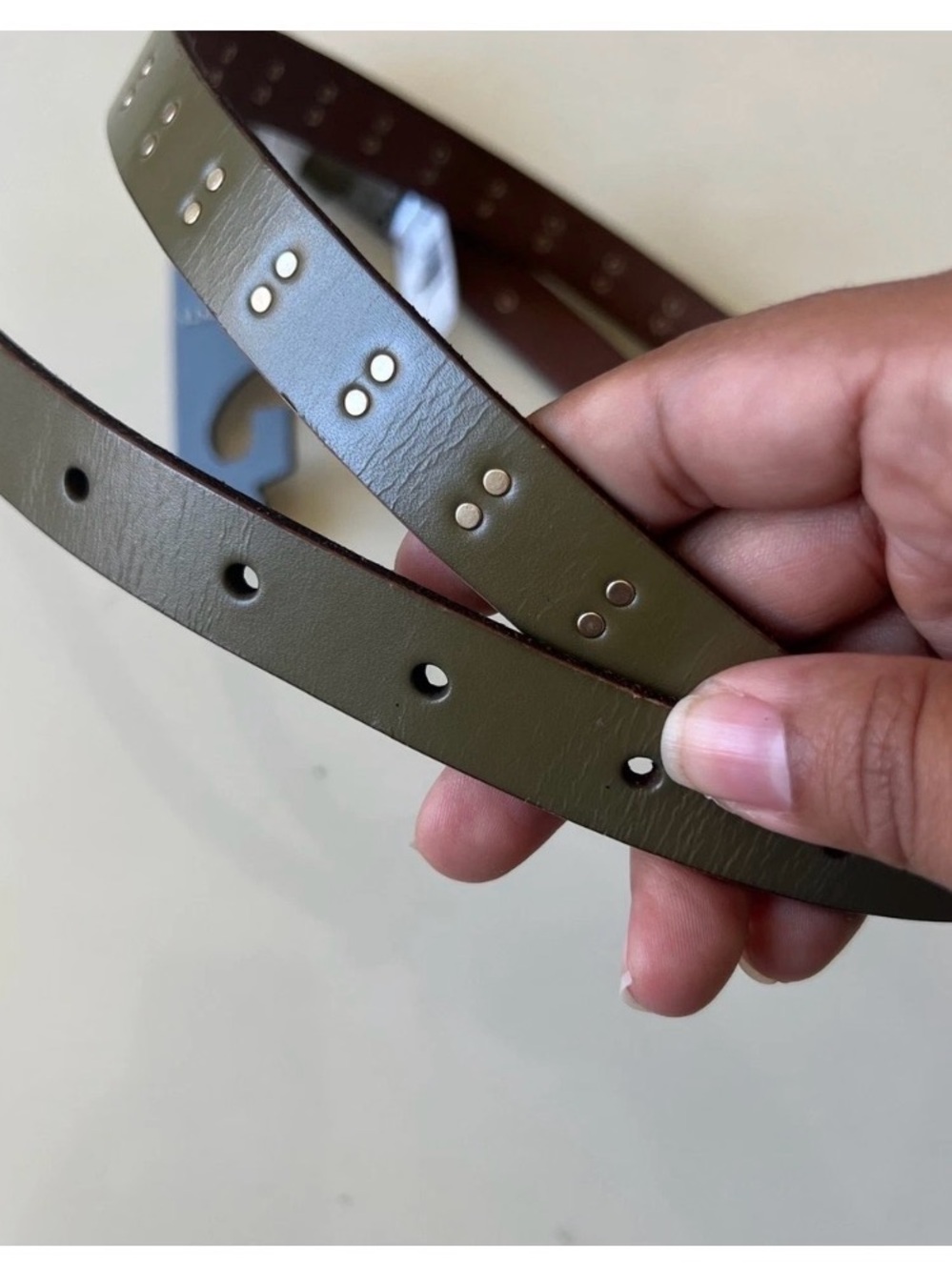 All saints Olive Green Leather Belt with Stud Accents